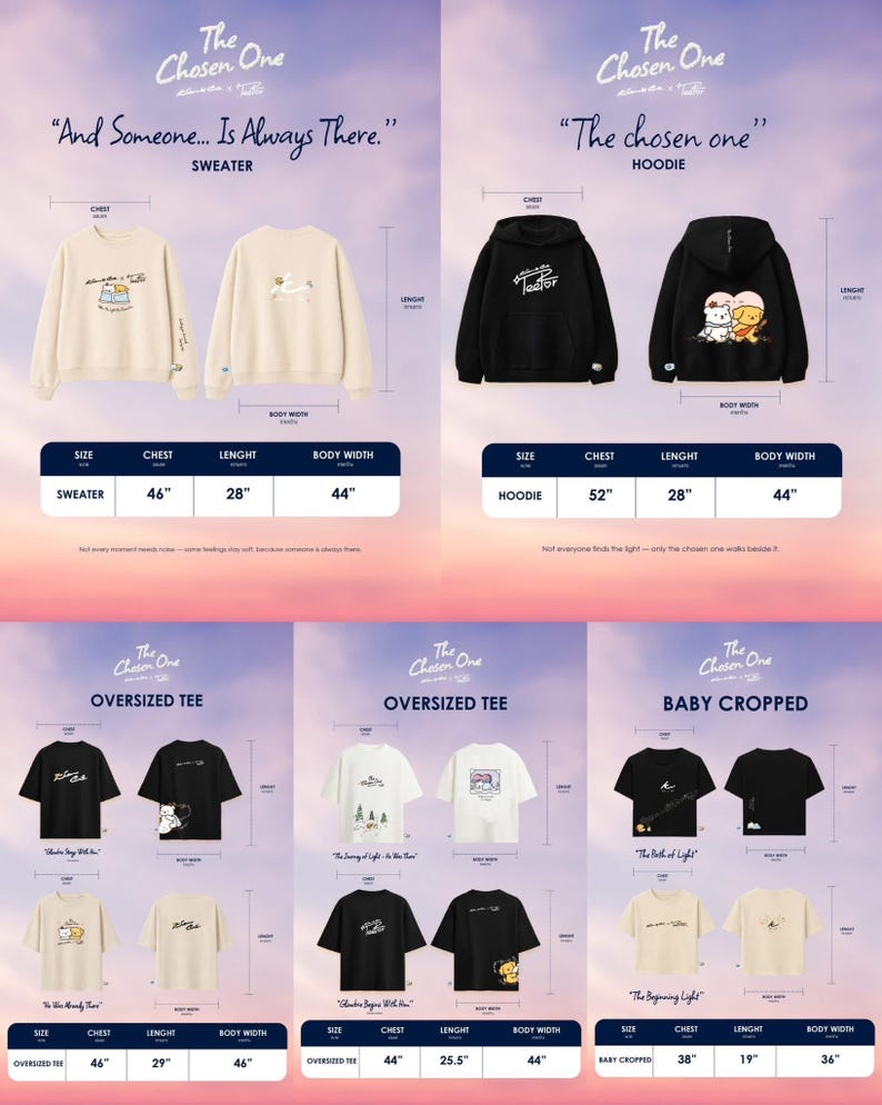 Op de afbeelding: Promotieafbeelding met diverse kledingstukken, waaronder truien, hoodies, oversized T-shirts en baby cropped shirts in zwart, wit en beige. Elk item heeft unieke graphics en tekst. Afmetingen in centimeters.