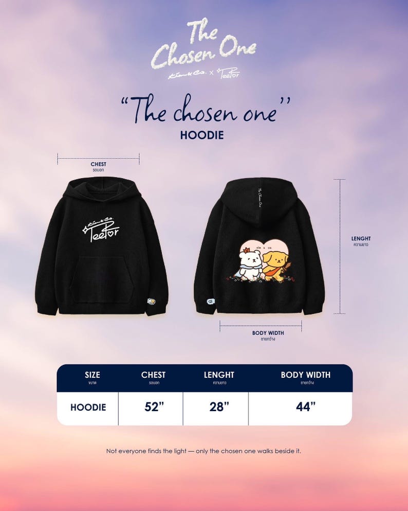 Op de afbeelding: Zwarte hoodie met de tekst "The Chosen One" en een afbeelding van twee cartoonfiguren. De hoodie heeft een borstomvang van 132 cm, een lengte van 71 cm en een lichaamsbreedte van 112 cm. De afbeelding bevat ook de tekst "Teetor".