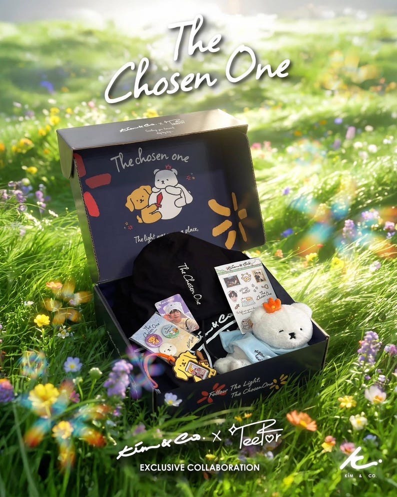 Op de afbeelding: Een open zwarte doos in gras en bloemen, met een pluche beer, een zwarte pet en diverse kaarten. De doos heeft de tekst "The Chosen One" en illustraties. De samenwerking is tussen Kim & Co. en Teetor.