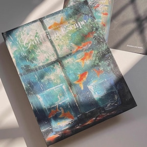 May include: A canvas print depicting goldfish in a blue-green aquatic setting. The artwork includes the text "GOLDFISH MAKE A RAINY DAY ESCAPE" and "Escape". The painting has a textured finish, with a window-like composition.
