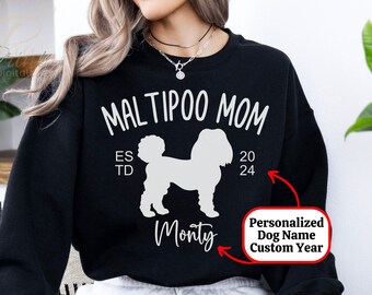 Custom Name Maltipoo Mom Sweatshirt Gift, Personalized Established Year Mother's Day Present, EST 2024 Dog Lover Sweater, Maltese Poodle Pet