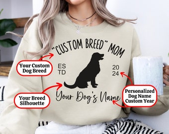 Custom Dog Breed Mom Sweatshirt Gift, Personalized Name Established Year Mother's Day Present, EST 2024 New Puppy Owner Sweater, Pet Lover