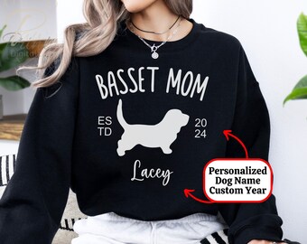 Personalized Name Basset Hound Mom Sweatshirt Gift, Custom Dog Lover Mother's Day, EST 2024 Sweater Birthday, New Puppy Basset Mama Gift,