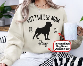 Custom Rottweiler Mom Sweatshirt Gift, Personalized Name Established Year Mothers Day Present, EST 2024 Rottie Dog Lover Sweater Birthday