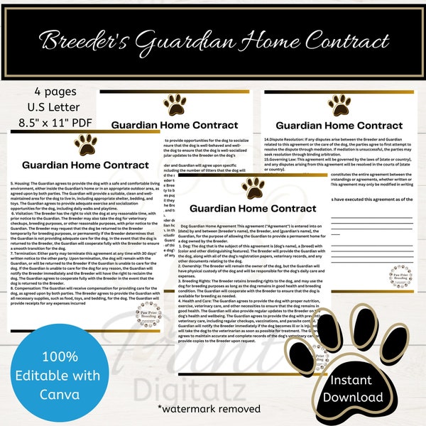 Guardian Home Contract Template for Breeders Customizable Editable with Canva Guardian Family Puppy Contract Dog Breeding Program Dog Forms