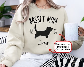 Custom Basset Hound Mom Sweatshirt Gift, Personalized Name Dog Lover Mother's Day, EST 2024 Sweater Birthday, New Puppy Basset Mama Gift,