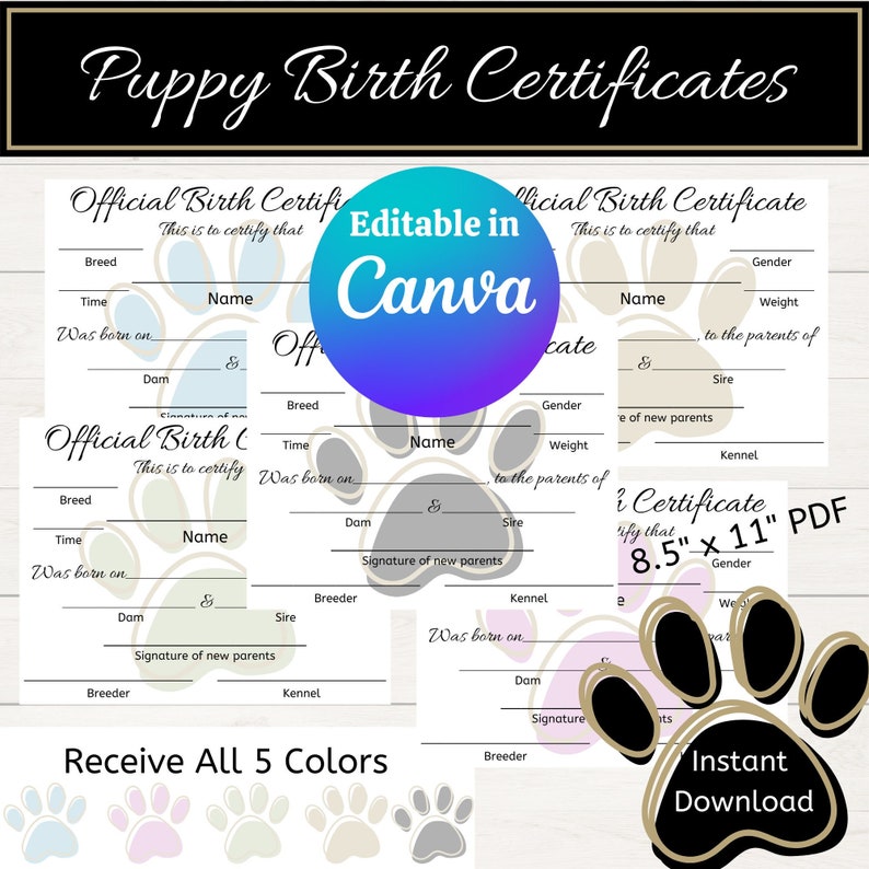 Birth Certificate for Puppy Breeder Editable Starter Pack Whelping Kit Forms Puppy Go Home Bag ...