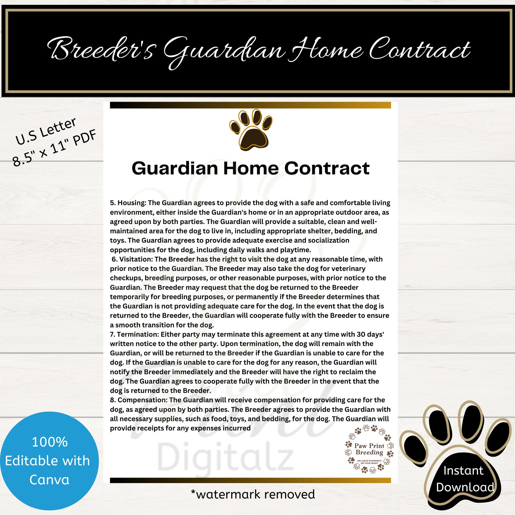 Guardian Home Contract Template for Breeders Customizable Editable With