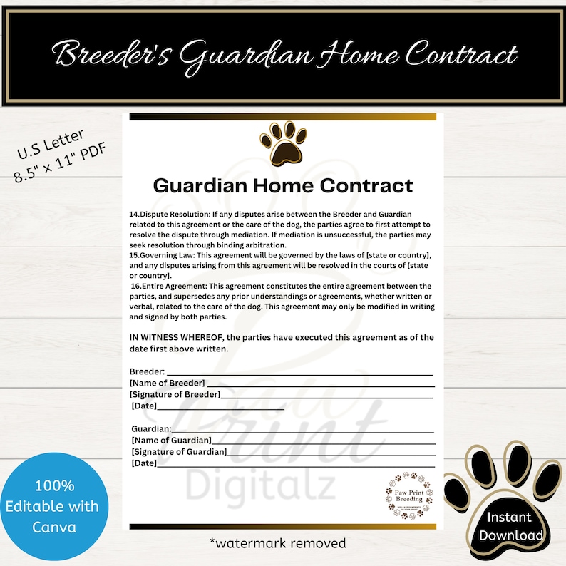 Guardian Home Contract Template for Breeders Customizable Editable With