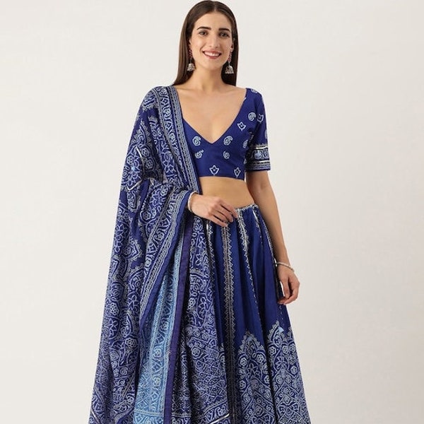 Blue  bandhani Printed Lehenga & Blouse With Dupatta , designer lehenga  choli for women bridesmaids lehenga Chaniya Choli navratri dress