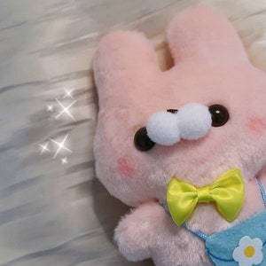 May include: A pink plush bunny with a yellow bow and a blue purse with a white flower. The bunny has large white eyes and black pupils.