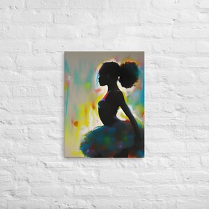 May include: A silhouette of a young girl in a colorful tutu, with a bright yellow, green, and blue background. The girl is in a ballet pose, with her arms outstretched.