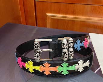 Chrome Hearts 925 Multi Color Cross Patch Leather Mens Belt In Black 34-36” Waist Size 38