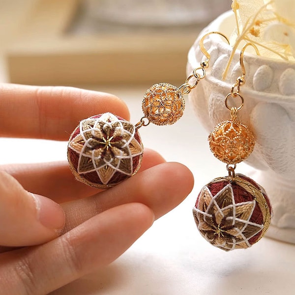 Temari ball earrings Embroidery Kit - DIY Craft Kit with All Materials and Tutorial For Beginner - DIY jewelry kit