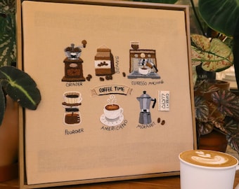 Coffee Embroidery Kit, DIY Needlepoint Pattern, Café Wall Decor