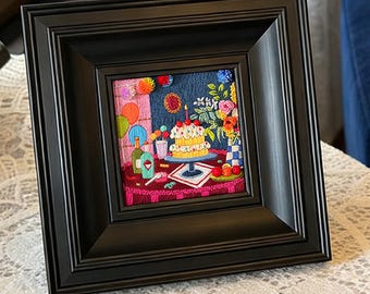 Birthday Cake Embroidery Art Kit, Colorful Dessert Needlework Decor, Framed Embroidery Wall Art, DIY Embroidery Gift for Craft Lovers