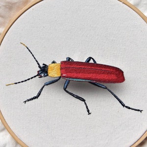 May include: A red and yellow embroidered beetle with black legs on a white background.