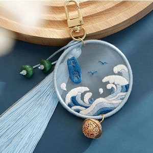 Handmade Embroidery Kit Keychain with Wave and Seagull Pattern