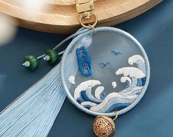 Handmade Embroidery Kit Keychain with Wave and Seagull Pattern