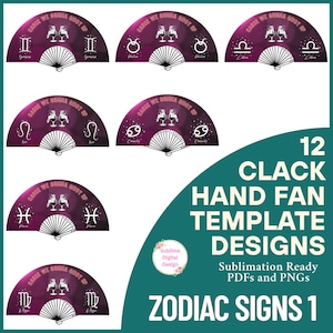 12 Clack Hand Fan Template Designs Zodiac Signs Trail Ride Line Dance Clack Fans Sublimation PDFs and PNGs