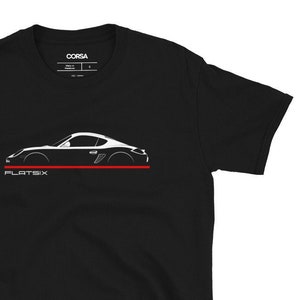 May include: Black t-shirt with a white silhouette of a Porsche Cayman and the text "FLATSIX" in red.