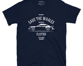 May include: A navy blue t-shirt with a white graphic of a classic Porsche 911 with the text "Save the Whales Aircooled Flatsix Stuttgart Germany".