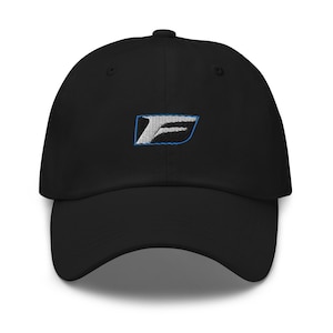 May include: Black baseball cap with a white and blue embroidered letter F.