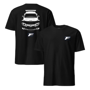 May include: Black t-shirts with a white car graphic on the back and a small "F" logo on the front. The car graphic is a detailed front view of a sports car. The "F" logo is white with a blue outline.