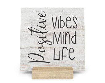Positive Vibes Mind Life Gallery Board with Stand, Inspirational Home or Office Decor