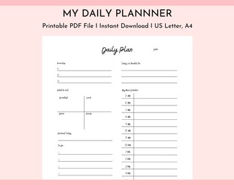 May include: A printable daily planner with sections for priorities, what to eat, workout, to-do list, and a schedule from 5 am to 4 pm.