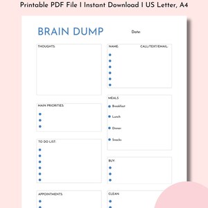 Brain Dump Printable, Brain Dump Planner, Thought Organizer, Thought tracker, Thought journal, Instant Download