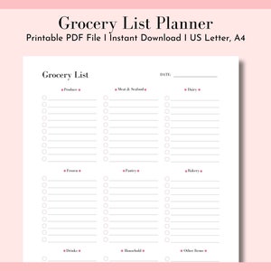 Grocery Planner List, Grocery List Printable, Grocery Template Printable, Grocery Planner, Food Shopping Planner, Grocery List