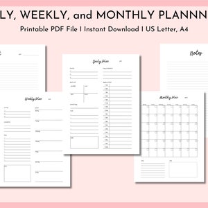 Daily Weekly Monthly Planner Set, Daily Planner, Weekly Planner, Monthly Planner, Instant Download, Planner Templates, Notes and To Do List