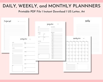 Daily Weekly Monthly Planner Set, Daily Planner, Weekly Planner, Monthly Planner, Instant Download, Planner Templates, Notes and To Do List