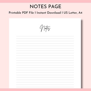 Notes Page Printable, Printable Notes, Notes Page Planner, Lined Note Paper Printable, Lined Note Page, Writing Paper, US Letter, A4