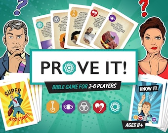 May include: A colorful board game called "Prove It!" with a green background and a title in white text. The game is a Bible-themed trivia game for 2-6 players, ages 8 and up. The game includes cards with different colored symbols and a variety of questions.