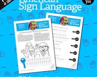 Könnte beinhalten: Eine Schwarzweißillustration von zwei Personen, die in amerikanischer Gebärdensprache Zeichen geben. Das Bild ist Teil einer Reihe von Bibelcodes für Kinder. Der Text "TODAY'S CODE: American Sign Language" befindet sich oben auf der Seite. Das Bild ist auf einem blauen Hintergrund mit weißen Linien.