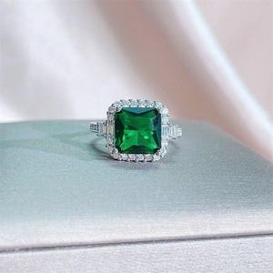 Art Deco Emerald Sapphire and Diamond Halo Engagement Ring in Sterling Silver Vintage-style Edwardian Ring Birthstone Ring Anniversary Gifts
