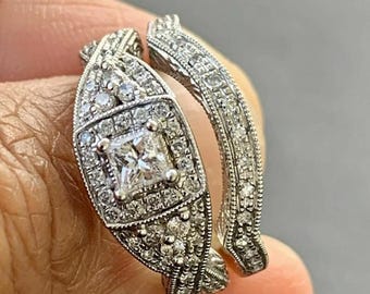 1910 Edwardiaanse art deco oude Europese bruiloft verlovingsring gezet in 925 sterlingzilver prinses diamanten ring set vintage stijl bruids set