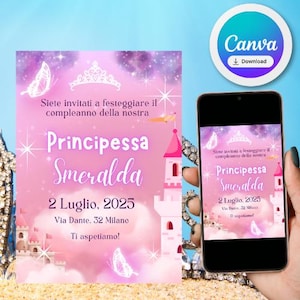 Invito per bambini PRINCIPESSA  invito EDITABILE canva, stampabile o da mandare DIGITALMENTE