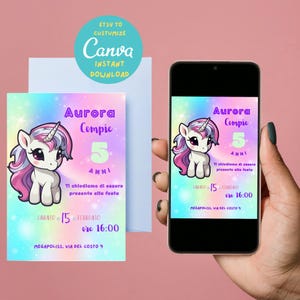 INVITO compleanno per RAGAZZE UNICORNO - invito per ragazze arcobaleno, unicorno editabile canva, invito personalizzabile