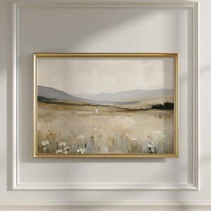 May include: A painting depicting a landscape with a solitary figure standing in a field of wildflowers. The background shows rolling hills and a misty sky. The colours are muted and earthy, with shades of brown, green, and blue.