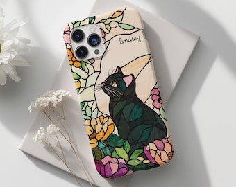 Glasmalerei schwarze Katze Handyhülle, Mosaik Kunst, Geschenk für Katzenliebhaber