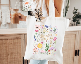 Flower Tote Bag Canvas Church bag Christian Gifts Rejoice Bible Bag Jesus Tote boho christian bag catholic tote bag floral christian