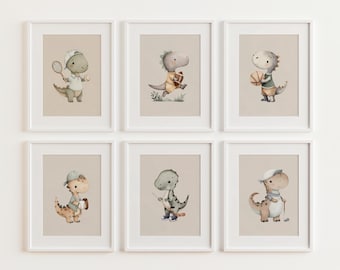 Puede incluir: Seis impresiones enmarcadas en acuarela con adorables ilustraciones de dinosaurios practicando varios deportes. Cada dinosaurio se representa en una pose diferente, jugando al tenis, al fútbol, al baloncesto, al béisbol, al hockey y al golf. Las impresiones tienen una paleta de colores neutros.