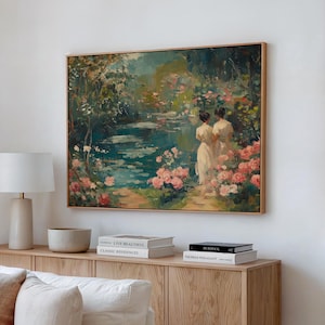 Vintage Gartenteich-Ölgemälde gerahmte Leinwand botanische Landschaft Kunstdruck impressionistische grüne Dekor-salbei-grün Wand-Kunst-englischer Garten