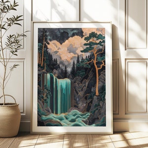 Hokusai Ukiyo-e Japanese Waterfall Wall Art Landscape Poster Print Blue Green Japanese Home Decor Printable Asian Poster Digital Download
