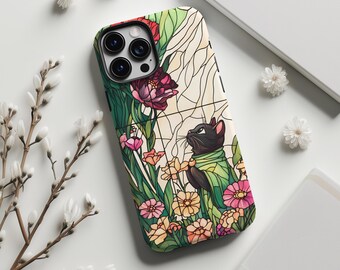 Schwarze Katze Buntglas Handyhülle, Mosaik Kunst, Geschenk für Katzenliebhaber