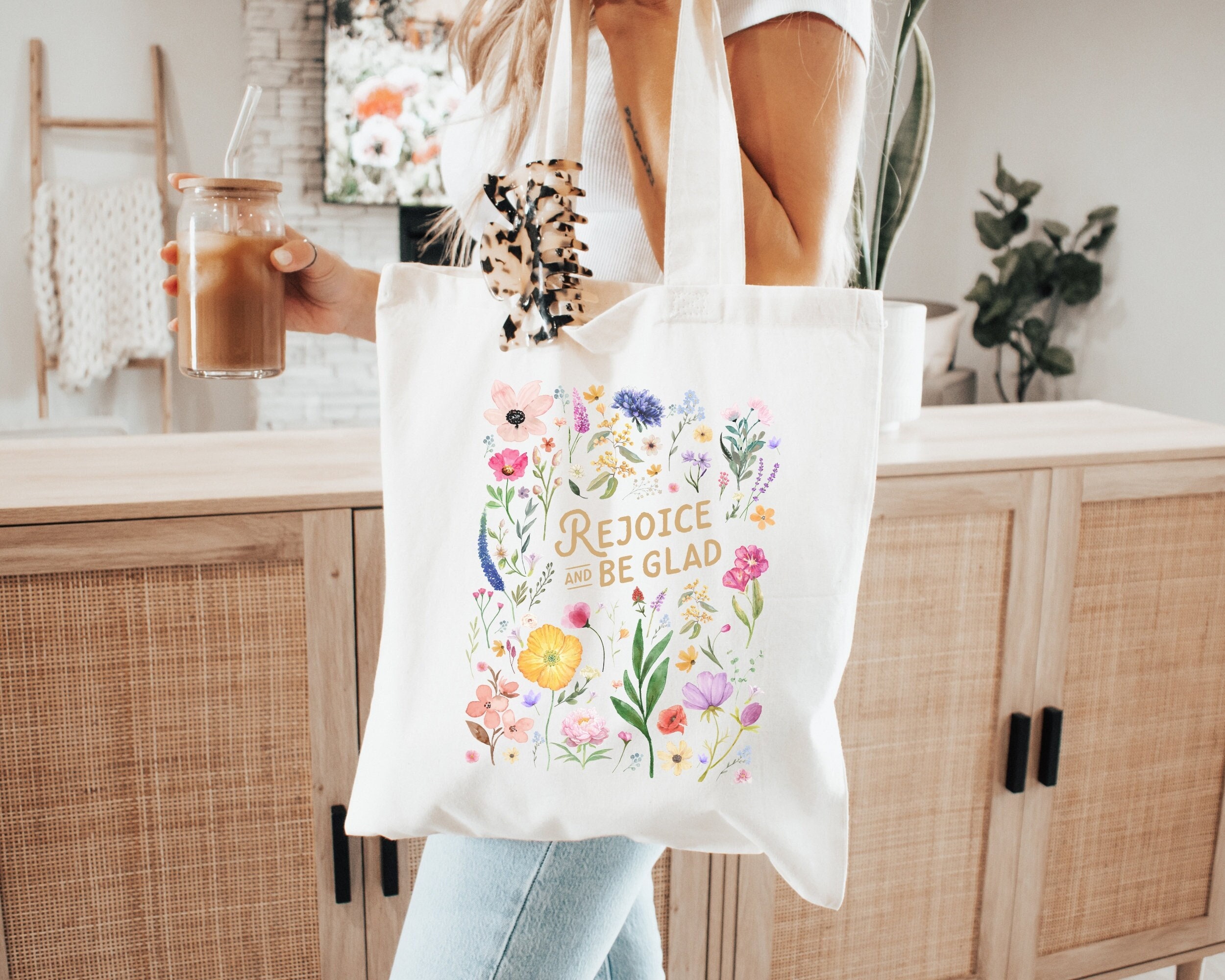 Flower Tote Bag Canvas Church Bag Christian Gifts Rejoice Bible Bag Jesus Tote Boho Christian Bag Catholic Tote Bag Floral Christian Etsy