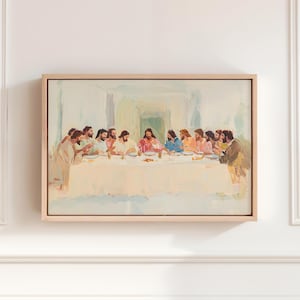 May include: A rectangular framed painting depicting the Last Supper with a central figure and twelve individuals seated at a long table covered by a white cloth. The artwork uses soft, muted brushstrokes in shades of beige, blue, and white.